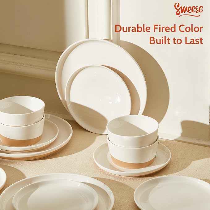 Sweese 18 Pieces Porcelain Dinnerware Set Modern Dish Set for 6 Hand Painted Kitchen Plates and Bowls Sets Scratch Resistant Dishware Sets Dishwasher &amp Microwave &amp Oven Safe Dinner Set Br