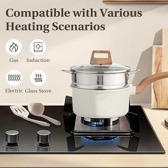 NEWBULIG Nonstick Cookware Set Granite Pots and Pans with Lids Induction Non Stick Cooking Set w/Frying Pans &amp Saucepans 25-Piece/Set Beige