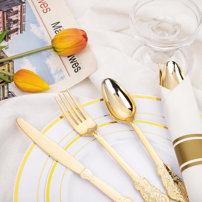Nervure 400PCS Pre Rolled Gold Plastic Silverware Sets - Heavy Duty Fancy Gold Cutlery - Include 100 Pack Wrapped Disposable Utensils with Napkins for Parties Dinners &amp Weddings