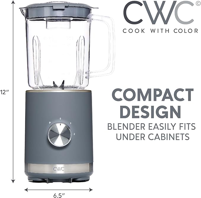 COOK WITH COLOR 300 Watt Blender: Powerful 2-Speed Control with Pulse 4-Tip Stainless Steel Blades 25oz (750ml) Jar and Skid-Resistant Feet Grey