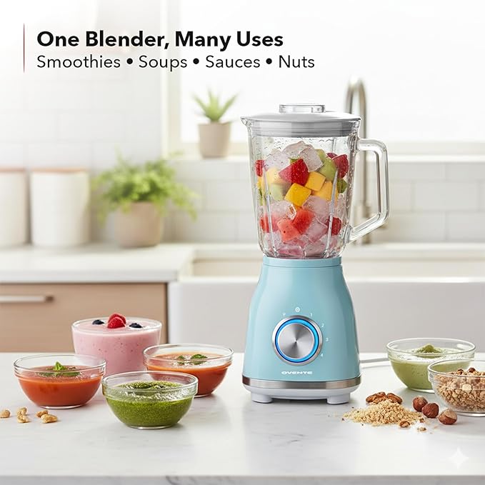 OVENTE Countertop Blender for Shakes and Smoothies with 550W Motor 50 Oz Glass Jar and Adjustable 4 Speed Settings Ideal for Frozen Fruit Drinks Puree Ice Crush Sauces and More Blue BLH2604LBL