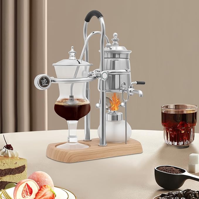 Belgium Royal Family Coffee Maker Solid Color Elegant Luxury Siphon Coffee Maker with Tee handle Vacuum Brewing System (Silver)