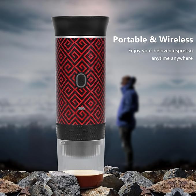 Coffee Maker Gift Set for Travel Battery Powered Portable Electric Espresso Machine for Camping Rechargeable Coffee Maker Self Heating with Ground Coffee &amp Capsule for RV Hiking (Red mix Black)