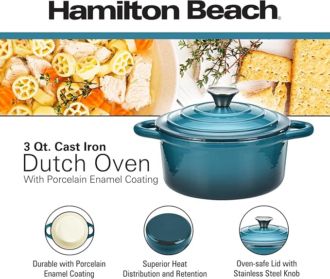 Hamilton Beach 3-Quart Enameled Cast Iron Dutch Oven Navy with Cream Interior | Even Heat Distribution &amp Easy-Grip Handles | Ideal for Braising RoastingStewing &amp Bread Baking