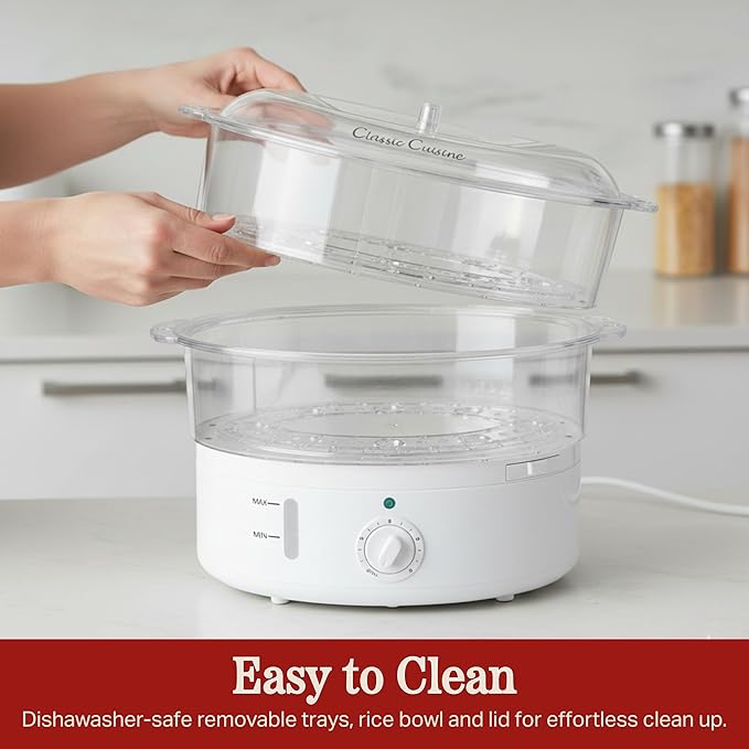 Vegetable Steamer Rice Cooker- 6.3 Quart Electric Steam Appliance with Timer for Healthy Fish Eggs Vegetables Rice Baby Food by Classic Cuisine 11D x 11W x 12.25H