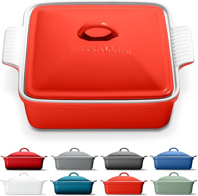 Stoneware Casserole Dish Bakeware with Lid | Covered Square Dinnerware | Large 2.5 Quart [Passion Red]