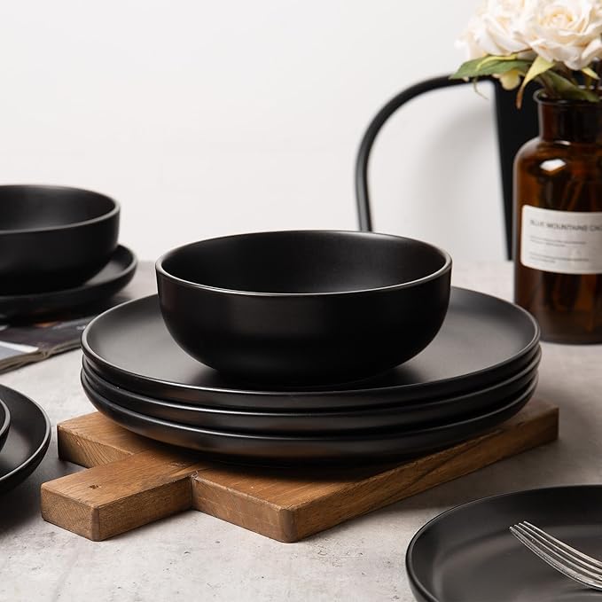 12-Piece Stoneware Dinnerware Set for 4 | Microwave &amp Dishwasher Safe | Non-Toxic Stackable Matte Glaze Plates and Bowls | Chip-Resistant Ceramic Dinner Set with Modern Design