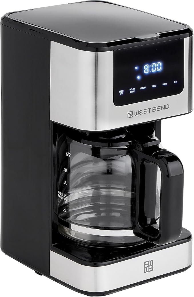 West Bend Drip Coffee Maker Brews Hot or Iced Programmable with Brew Strength Selector Auto Shut-Off and 6 Functions Permanent Mesh Filter and Glass Carafe 12-Cup Metallic