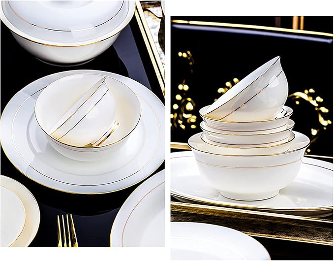 42 Pieces Dinner Set for 6 White Porcelain Bone China Kitchen Combi-Set Tableware Set with Cereal Bowl Bowls Dessert Plates Soup Plates Dinner Plates with Gold Rim