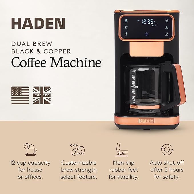 Haden Dual Brew 12 Cup Hot and Iced Coffee Maker with 120 Minute Keep Warm Delay Brew Adjustable Strength Programmable Clock and Anti Drip Black