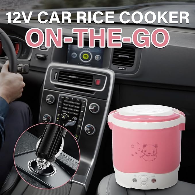 OSBA Small Rice Cooker12v Portable Travel Rice Cooker For Car Cooking Heating and Keeping Warm Function Can be Used As a Electric Lunch Box (Pink)
