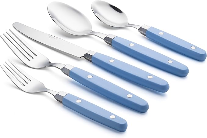 ANNOVA Silverware Set Retro/Rivet Colorful Stainless Steel Tableware Kitchen Flatware Set Utensils Includes Dinner Knives Forks Spoons Salad Forks &amp Dessert Spoons (Light Blue 20 Pieces)