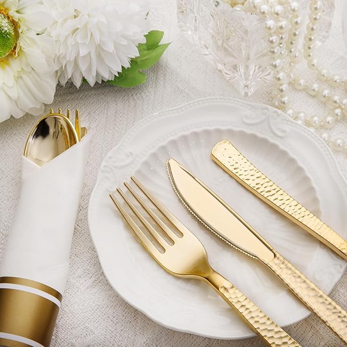 Nervure 400PCS Pre Rolled Gold Plastic Silverware Sets - Heavy Duty Hammered Gold Cutlery Include 100 Pack Wrapped Disposable Utensils with Napkins for Parties Dinners &amp Weddings