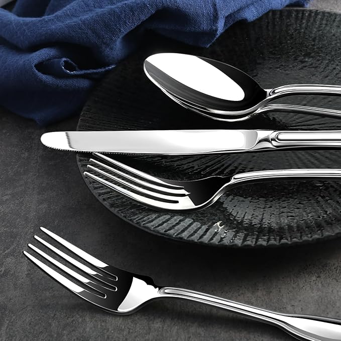 Silverware Set for 8 Heavy Duty Stainless Steel Cutlery Set with Wide Handles Mirror Polished Utensils Spoons and Forks Set for KitchenDishwasher Safe (Silver 40 Pieces for 8)