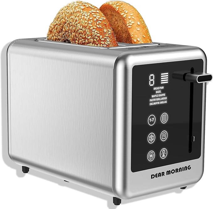 Smart Toaster Digital Tuch Screen Toasters with 5 Bread Selection 7 Shade Setting and Bagel/Defrost/Cancel/Reheat Function 1.5” 2 Slice Stainless Steel Tostadora with Removable Crumb Tray