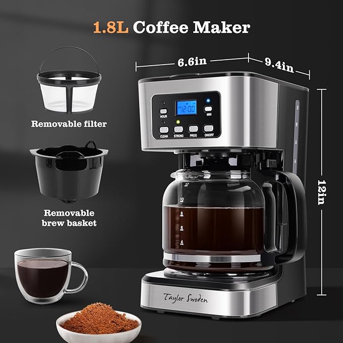 Taylor Swoden 12-Cup Programmable Coffee Maker Regular &amp Strong Brew Drip Coffee Machine for Home and Office Glass Carafe Pause &amp Serve Auto Shut Off Black &amp Stainless Steel