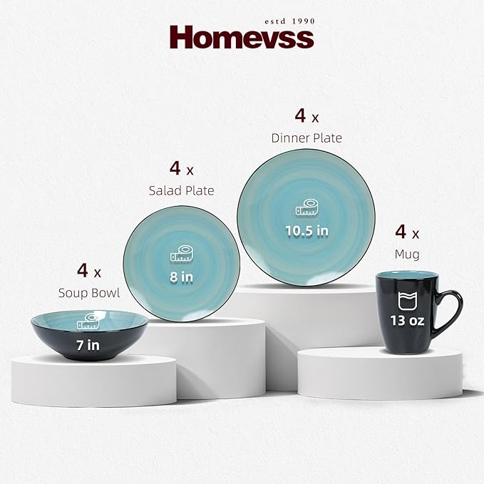 Sonoma 16 Piece Stoneware Dinner Set Outside Black + Inside Handpainted Color Turquoise with speckle