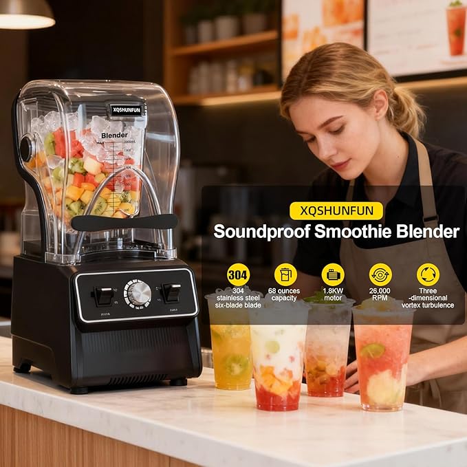 Professional Soundproof Blender True 1800W Commercial Quiet Blender 68oz Dishwasher Safe Square Jar with Precise Scale Sound Shield Enclosure Pure Copper Motor