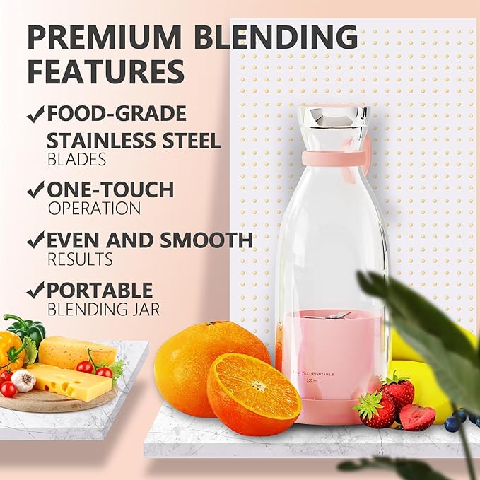 Personal Portable Blender 350ml USB Rechargeable Smoothie Maker with Stainless Steel Blade BPA-Free &amp Easy Clean Compact Travel Cup for Gym Office Home - Pink