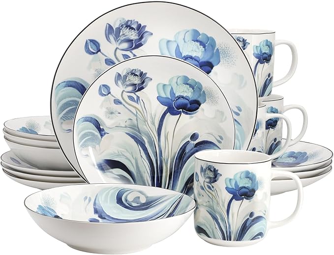 16‑Piece Porcelain Dinnerware Set with Floral Design – Round Plates Bowls and Mugs Microwave &amp Dishwasher Safe Tableware for 4 (Blue)