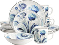 16‑Piece Porcelain Dinnerware Set with Floral Design – Round Plates Bowls and Mugs Microwave &amp Dishwasher Safe Tableware for 4 (Blue)