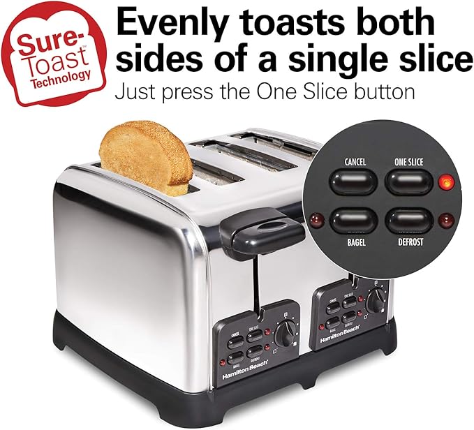 Hamilton Beach 24782 Retro Toaster with Wide Slots Sure-Toast echnology Bagel &amp Defrost Settings Auto Boost to Lift Smaller Breads 4 Slice Polished Stainless Steel