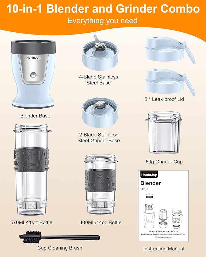 Smoothie Blender 650W Personal Blenders for Shakes and Smoothies with Grinder Cup &amp 2 BPA-Free Portable Cups (20oz+14oz) Portable Blender for Juices Smoothies Maker for Kitchen Blue