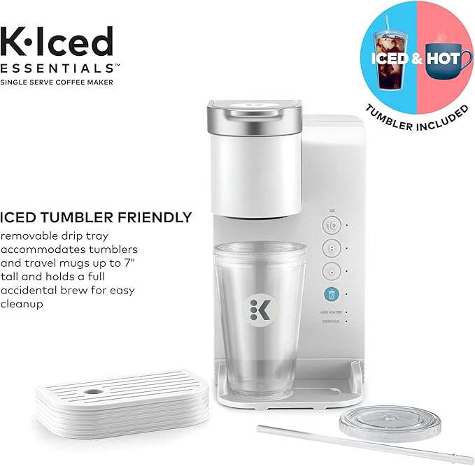 KeurigK K-Iced Essentials Coffee Maker Iced and Hot Single-Serve KCup Pod Brewer with Removable Reservoir and Auto-Off Energy Efficient Includes K Iced Tumbler Compact White