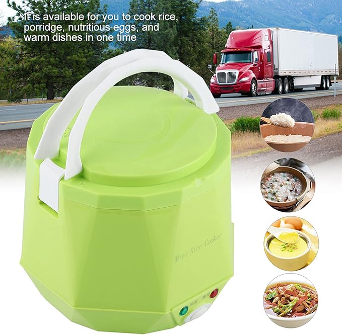 24V 1.6L Multifunctional Electric Rice Cooker Mini Travel Food Steamer Portable Meal Heater Food Warmer for Both Home And Trucks To Cook Rice Porridge Nutritious Eggs Warm Dishes (Green)