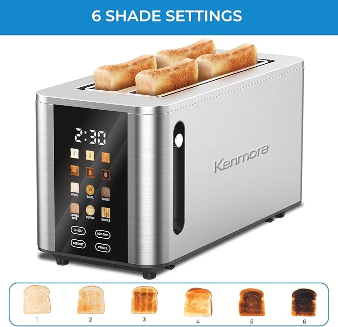 Kenmore 4-Slice Long Slot Toaster - Color Touch Screen &amp 6 Shade Settings Extra Wide Slots Digital Timer Customizable Smart Presets Reheat Defrost Add Time Functions Stainless Steel
