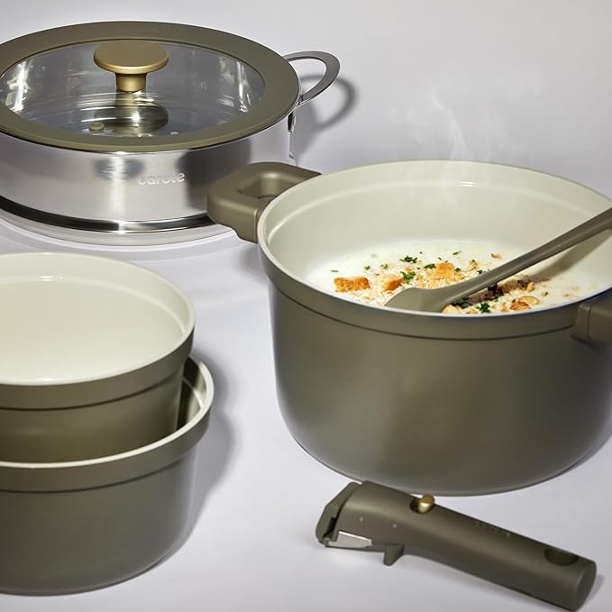 CAROTE Pots and Pans Set Nonstick Ceramic Cookware Set with Detachable Handles 5.5QT/3QT/2QT Non stick Stock Pot Non-toxic Induction Cookware PFAS and PFOA Free Olive Gree