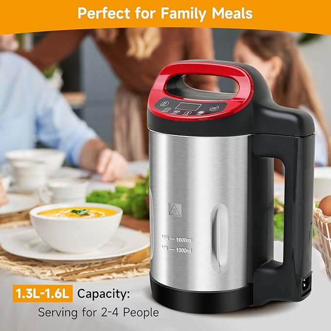 Homtone 1.6L Soup Maker Machine Stainless Steel Soup Maker Blender with Smooth &amp Chunky Settings Anti-Dry Burn Overfill Sensors Ideal for Quick Soups Baby Food