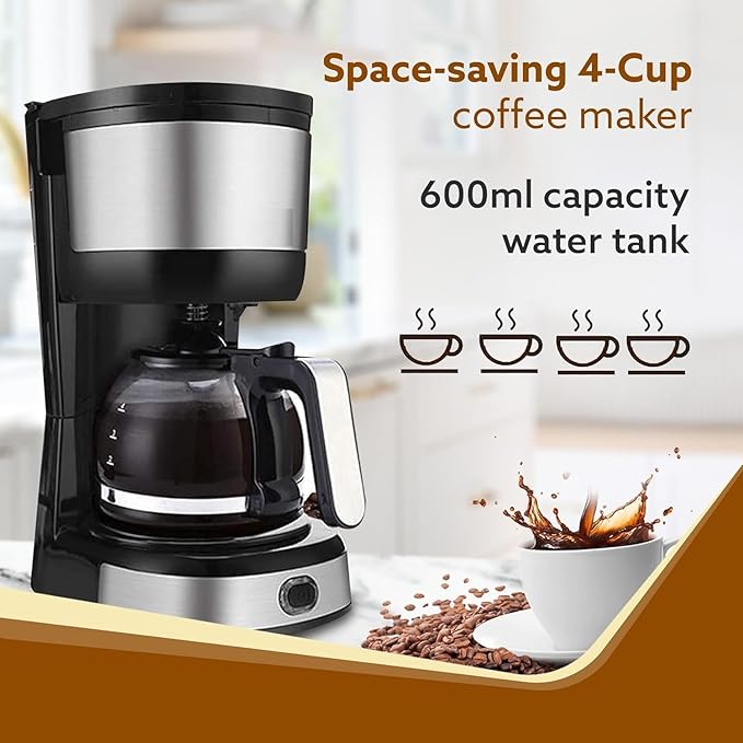 Royal 4 Big Cups Drip Coffee Maker 600 Ml Borosilicate Glass Carafe Jar 750W Water tank with Level Indicator Brewer Machine with Cone Filter Auto Shut Off Stainless Steel Body Black