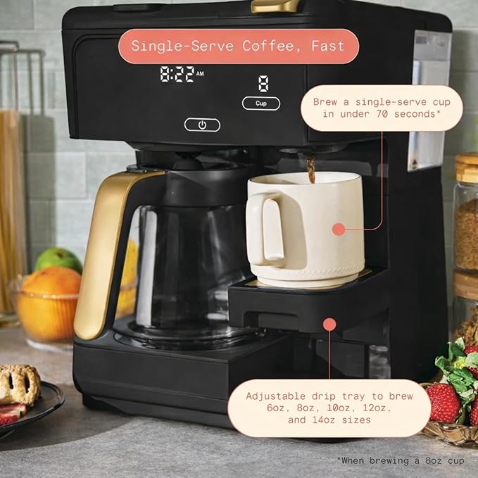 Multi Brew Coffee Maker with Single Serve and Carafe Brewing Options for Countertop Home Use (Black Sesame)
