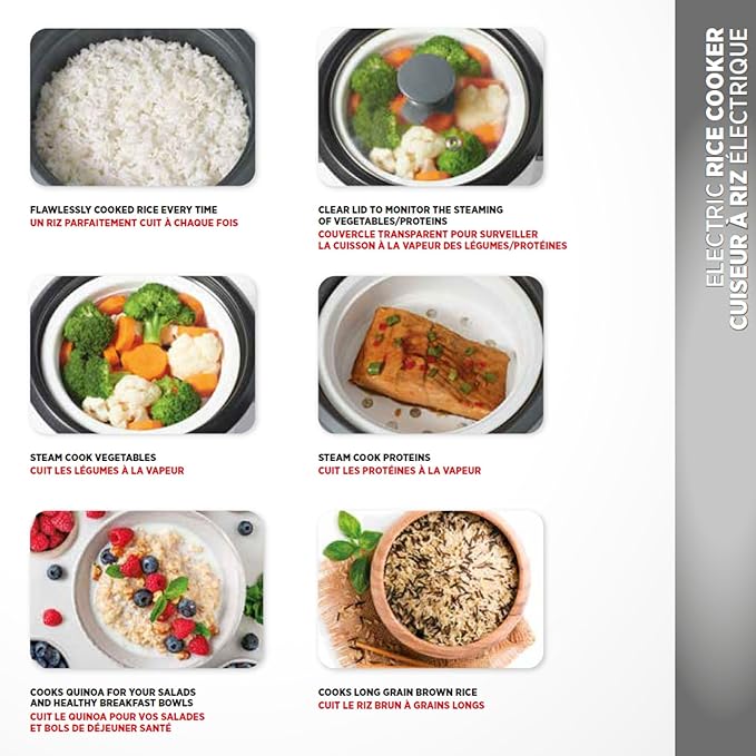 Starfrit Electric Rice Cooker - 6 Cups - Steamer Basket Measuring Cup &amp Service Spoon - 300W - Makes Perfect Rice!