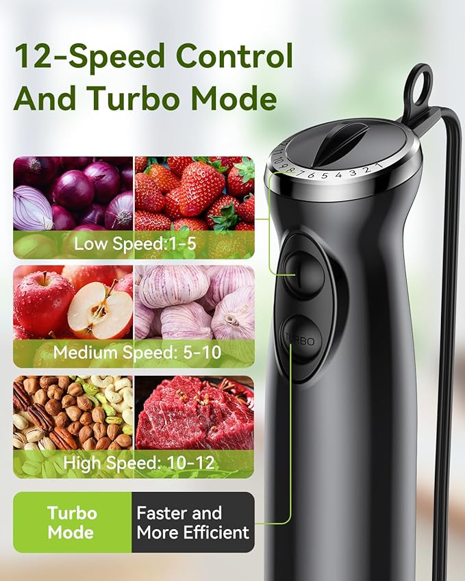 Immersion Blender Handheld Hand Blender 1000W 5 in 1 Hand Mixer Stick BPA-Free 12 Speed Handheld Blender 304 Stainless Mixing Beaker Chopper Whisk Milk Frother Soup Smoothies Baby Food Sauce