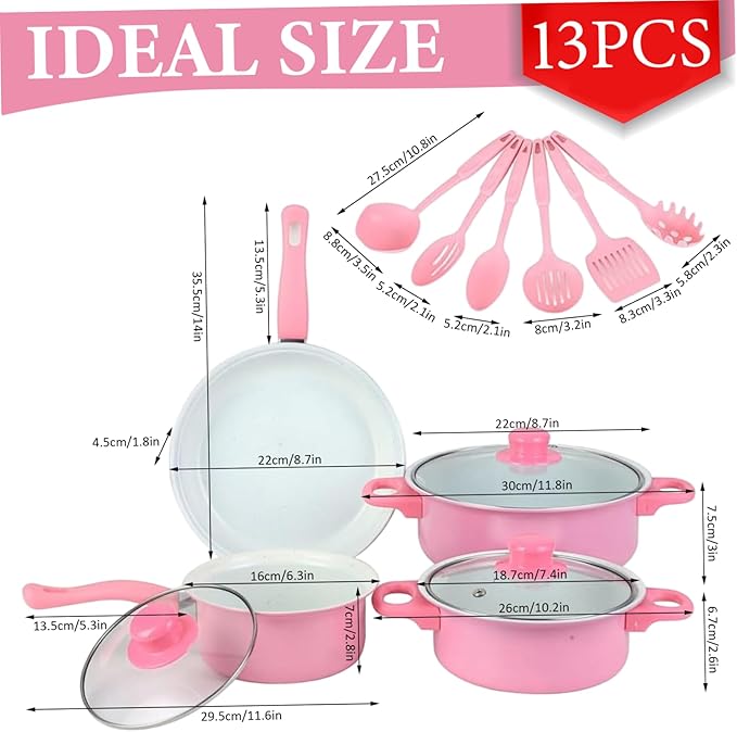 Cast Iron Pots and Pans Set 13Pcs Non Stick Cute Cookware Set Includes Lids Induction Cookware with Comfort Handle PFOA Free| Pan