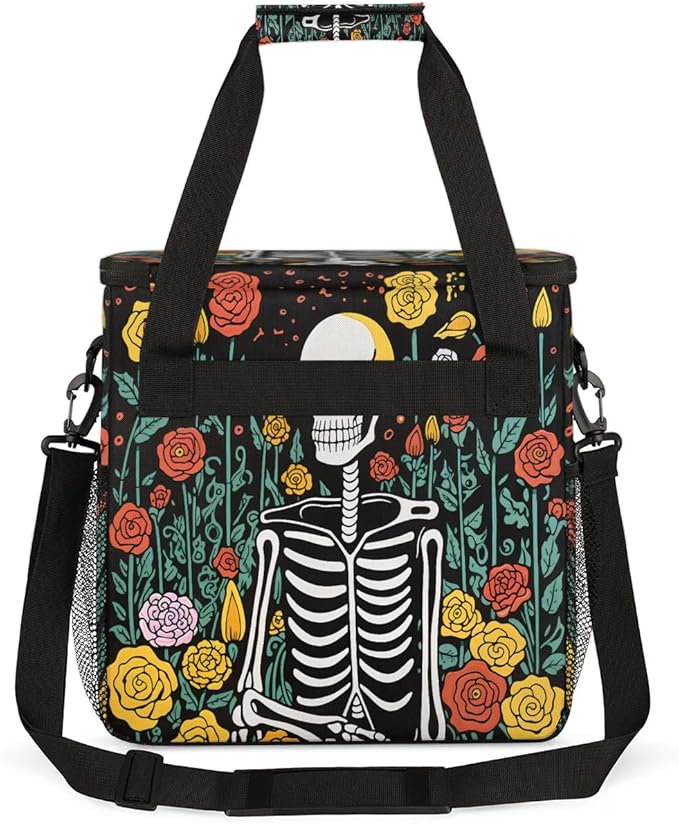 Skeleton Flowers Rose Coffee Maker Carring Bag Travel Carrying Storage Tote Bag Compatible Portable Single Serve Coffee Brewer Case with Pockets for K-cup Pods
