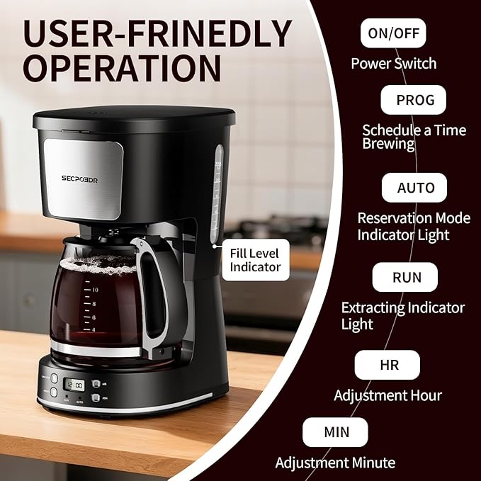 12-Cup Drip Coffee Maker with Reusable FilterProgrammable ClockAuto BrewWater WindowKeep Hot PlateGlass CarafeCompact Design for KitchenOfficeSilver and BlackStainless Steel