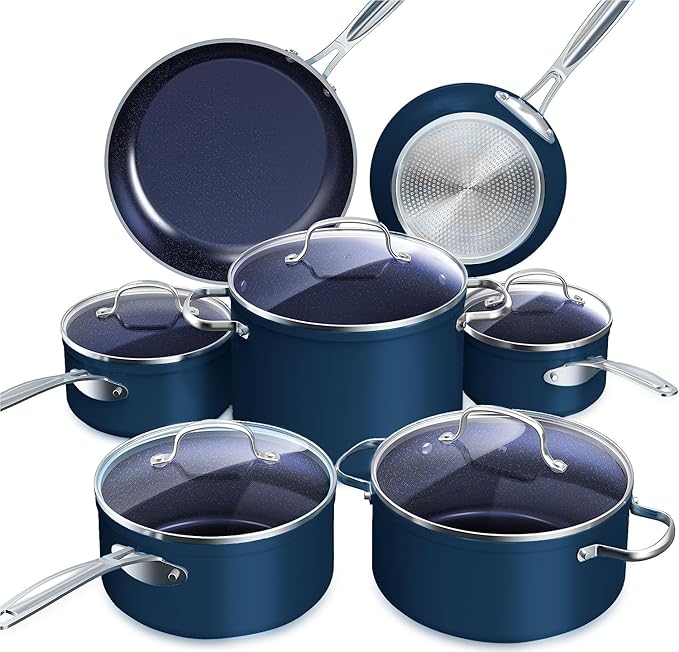 Nuwave Healthy Duralon Blue Ceramic Nonstick 12pc Cookware SetDiamond Infused Scratch-ResistantPFAS FreeDishwasher &amp Oven SafeInduction Ready &amp Evenly Heats Tempered Glass Lids Stay-Cool