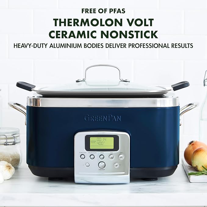 GreenPan GP5 Hard Anodized Healthy Ceramic Nonstick 9.5” and 11” Frying Pan Skillet Set 8-in-1 Programmable 6QT Electric Slow Cooker 5-Piece Cooking Utensil Set PFAS &amp PFOA-Free Blue