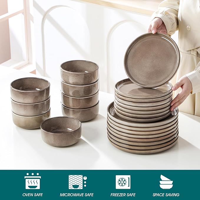 vancasso PLAYA Plates and Bowls Sets 24 Pieces Dark Brown Dinnerware Sets for Kitchen Reactive Glaze Dishes Set for 8 Dishwasher and Microwave Safe