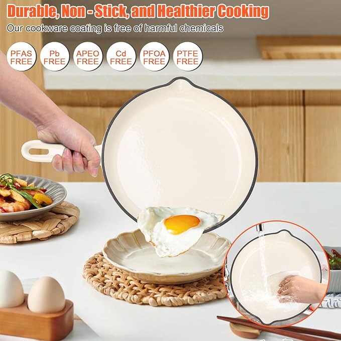QuliMetal Nonstick Enameled Cast Iron Cookware Set 7-Pcs Pots and Pans with Lid Frying Pan Skillet Sauce Pan Healthy Round Dutch Oven Pot for Sourdough Bread Baking on All Stovetop Cream White