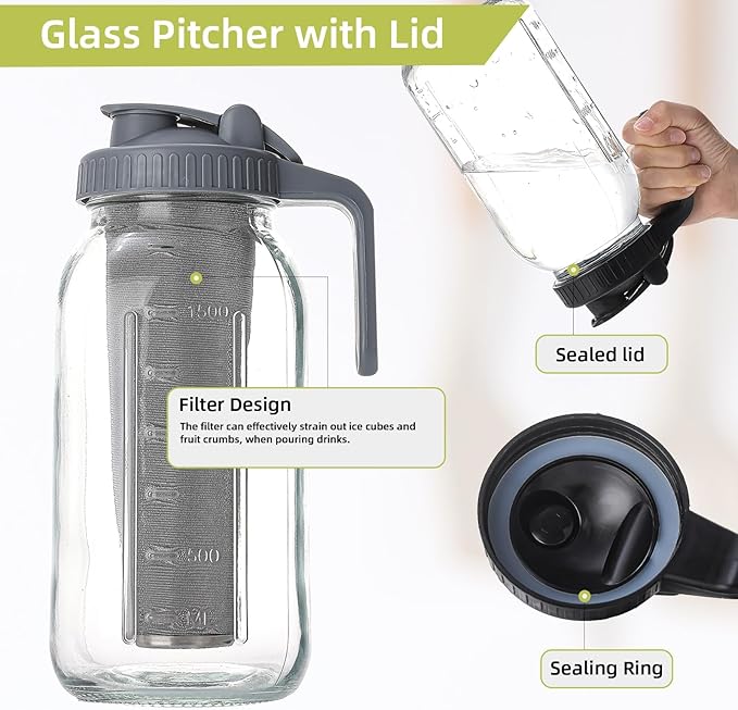 2 Quart Glass Pitcher with Lid for Fridge Cold Brew Coffee Maker 64 oz 2 Pack Airtight Leakproof Iced Tea Pitcher with Stainless Steel Filter New Years Gifts for Friends (Black &amp Gray)