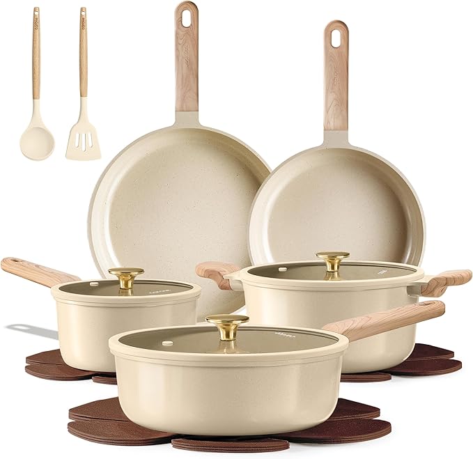 CAROTE 14Pcs Pots and Pans Set Non stick Ceramic Cookware Set Non-toxic Kitchen Cooking Set PFAS and PFOA Free