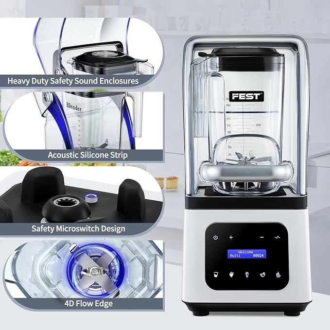 Commercial Blender 2200W Heavy Duty Countertop Blender Quiet Shield Sound Enclosure 6-Blade System DIY Timer &amp 9-Speed 5 Preset ProgramsSmoothies Juices Shakes &amp Frozen Drinks 60oz Pit