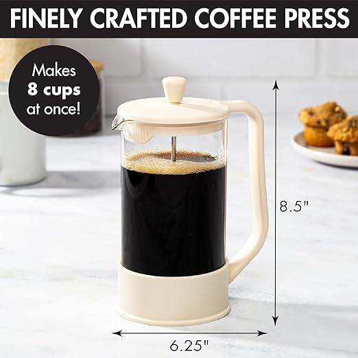 Primula French Press Coffee Maker Heat Resistant Borosilicate Glass with Stainless Steel Filters 8 Cup 34 oz Cream