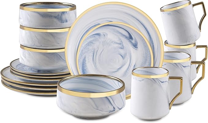 Fine China Artisan Marbled 16pc Dinner Set Blue with Gold