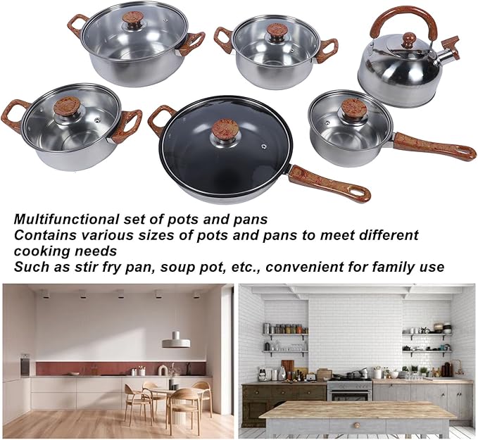 Stainless Steel Cookware Set Pots and Pans Set with Wooden Grain Handle &amp Kettle Kitchen Cookware Sets Saucepan Fry Pan Home Cooking Set for Home Outdoor Camping