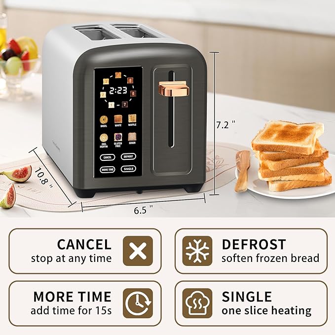 SEEDEEM Toaster 2 Slice Real Touch Screen with LCD Display Single-Slice Function Stainless Steel Toaster 50% Faster Heating 1.5 Wide Slots Removable Crumb Tray 1350W Dark Metallic